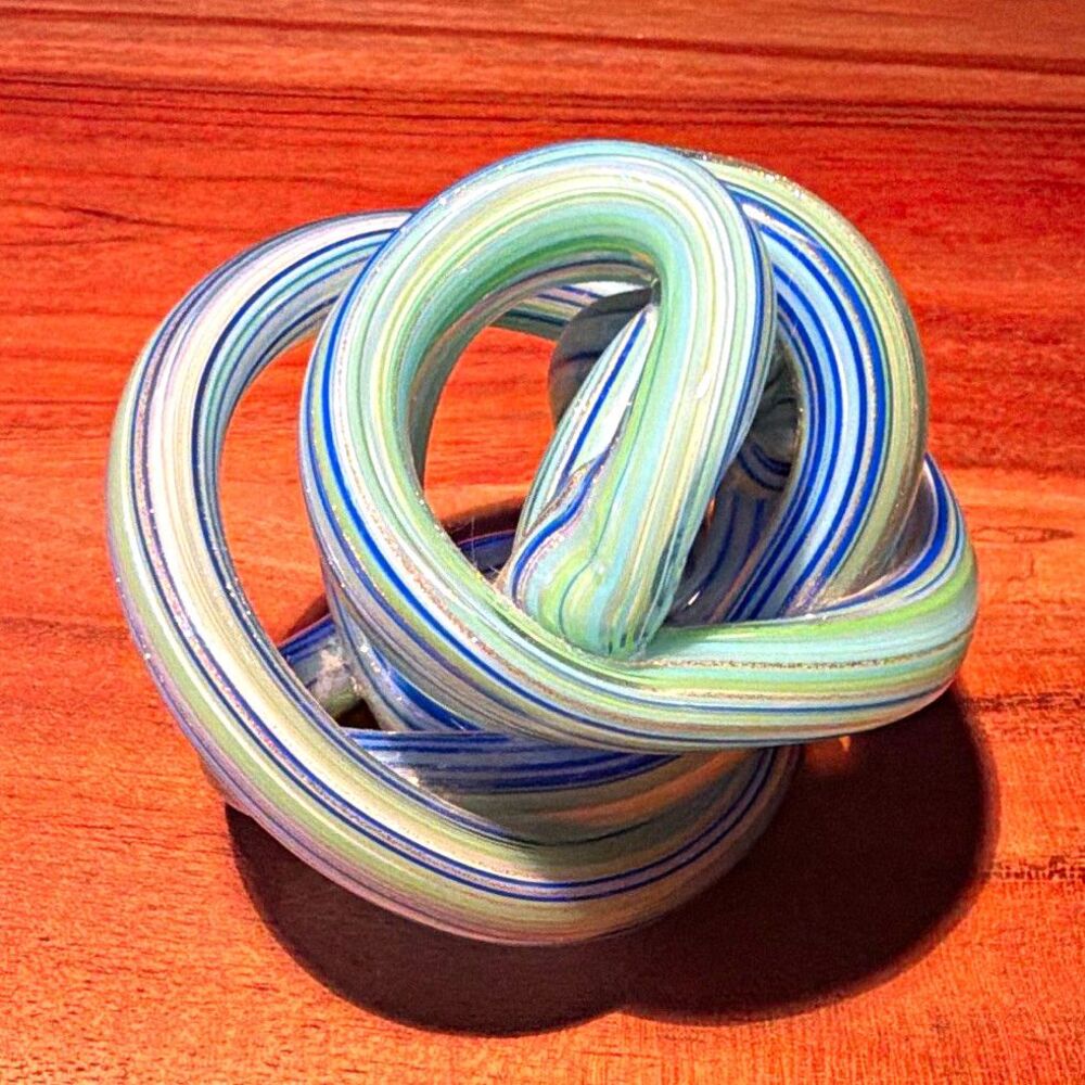 Abstract Art Glass Knot Sculpture Swirl Green Blue White Clear 5in Glossy